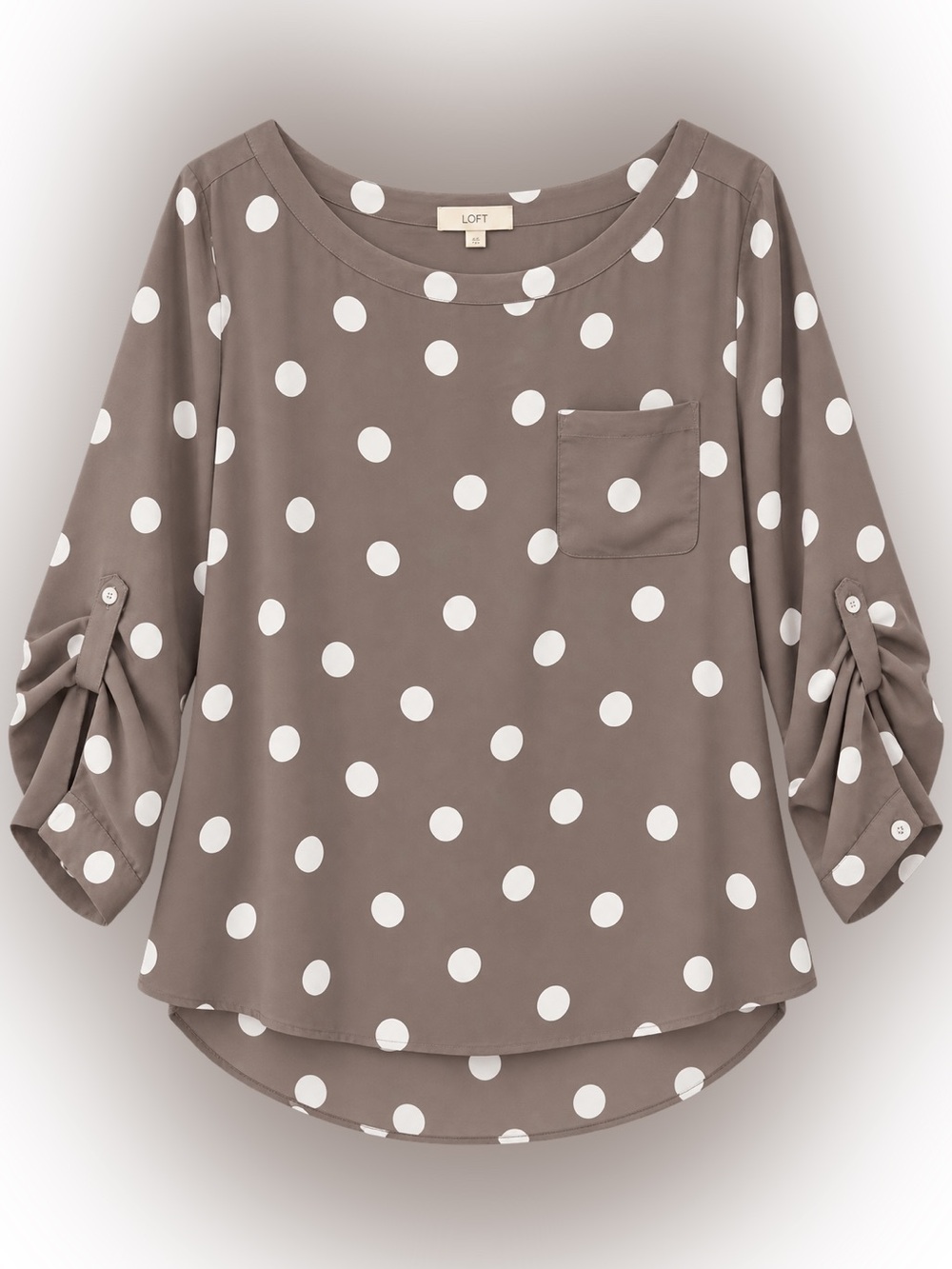 LOFT Polka Dot Roll-Tab Sleeve Blouse – Taupe & White – XL